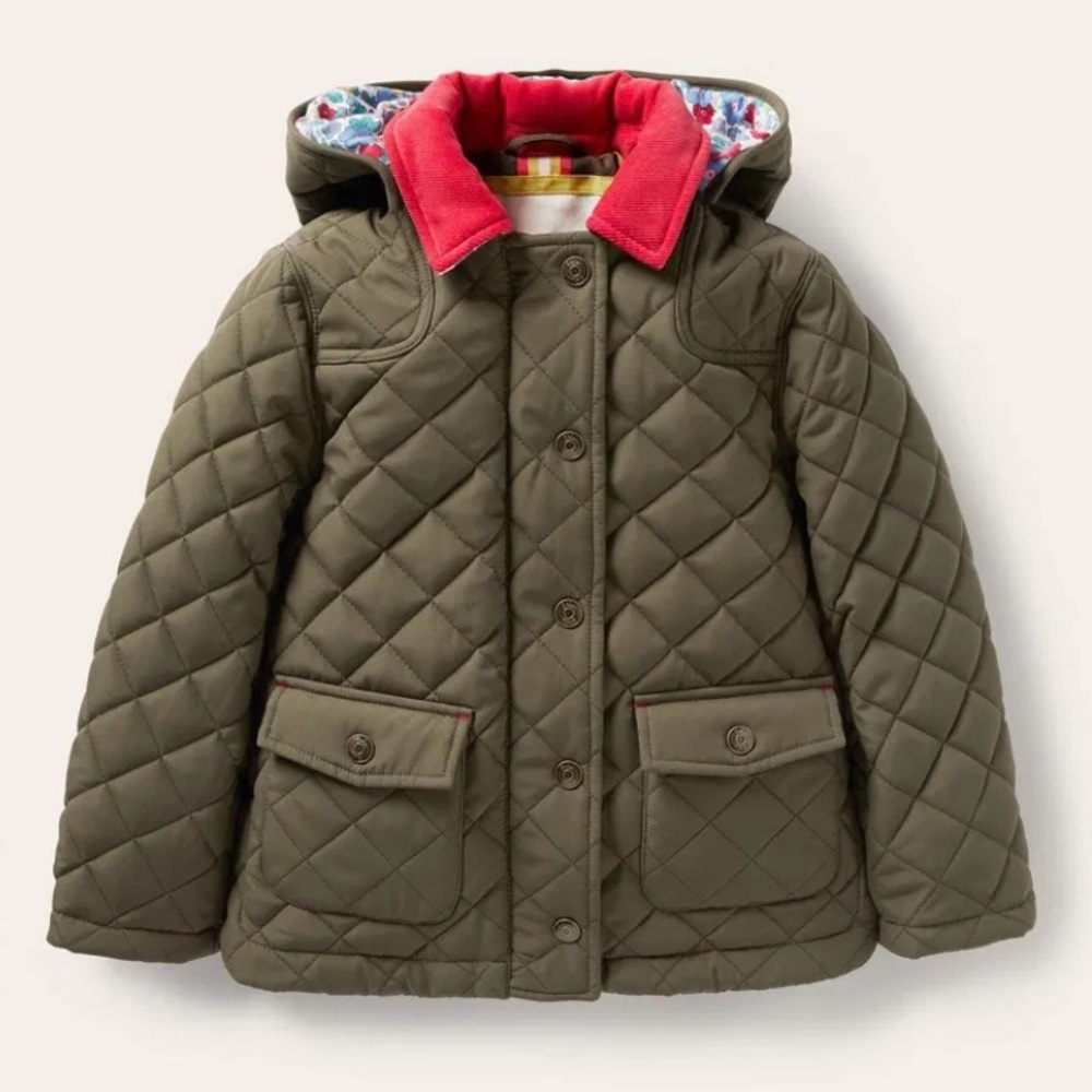Mini Boden Girls Olive Quilted Barn Jacket w/ Pink Corduroy Collar - Size 11-12Y